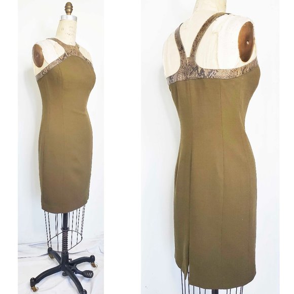 Michael Kors Womens  Dress with Python Leather Neckline Racer Back Army Green 4 - Picture 1 of 10